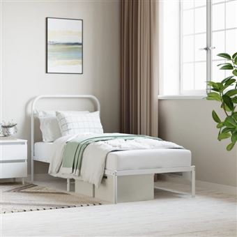 Cadre de lit métal sans matelas avec tête de lit blanc 90x190cm - 1