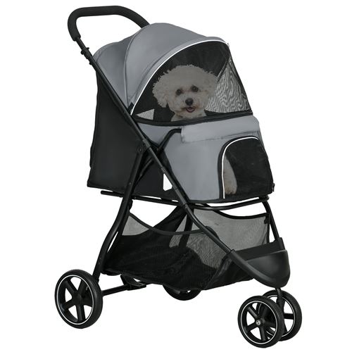 Comparer les prix de Poussette buggy pliable pour chien chat - 2 attaches, guidon réglable, panier - acier oxford gris