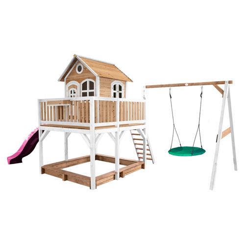 AXI Maisonnette Liam avec balancoire Nid rond Summer Brun Blanc avec Toboggan Violet