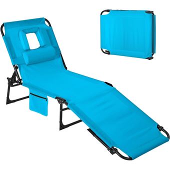 190cm Chaise Longue transat,bain de soleil avec Dossier Réglable en 5 Positions,fauteuil relax,Transat De Plage Imperméable,bleu - 1