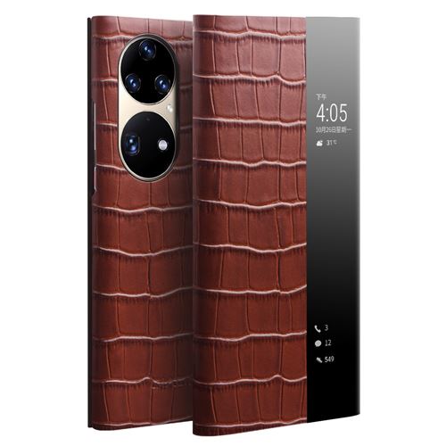Etui en cuir véritable QIALINO ultra-mince, texture crocodile, fonction de veille/réveil automatique marron pour votre Huawei P50 Pro