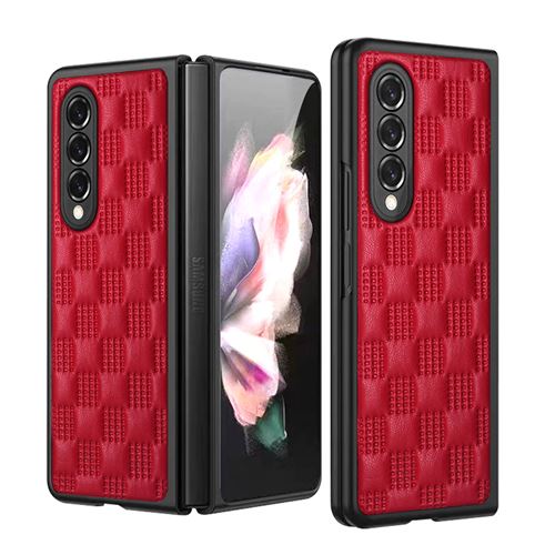 Coque Z Fold 3 Samsung en Cuir PU Etui Frusde Pliable et Treillis Carré Antichoc - Rouge