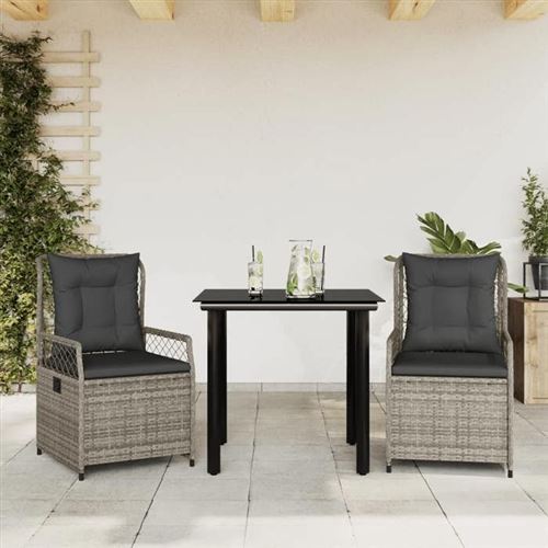 Vidaxl Gris Ensemble À Manger De Jardin 3 Pcs Coussins Résine Tressée 3262992 - Image 2