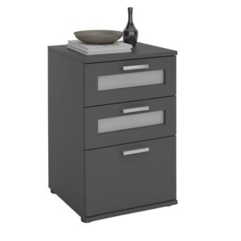 Table de chevet JESSY, table de nuit hauteur 60 cm avec 3 tiroirs 2 inserts vitrés, pour lit boxspring, en mélaminé gris mat Table de chevet JESSY, table de nuit hauteur 60 cm avec 3 tiroirs 2 inserts vitrés, pour lit boxspring, en mélaminé gris mat