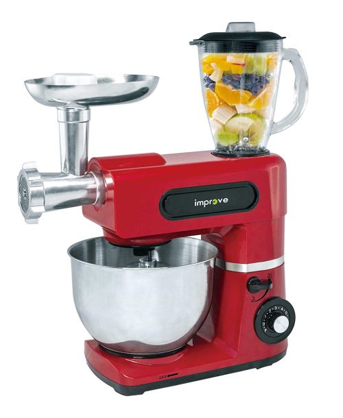 Improve IMPSM0403KT Robot ménager 3 en 1, 1 500 W, bol 6 L, 6 vitesses, hachoir et mixeur – Rouge