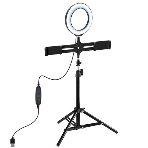 Anneau lumineux 16Cm avec support de téléphone portable trépied USB 3 modes lumière LED - Noir