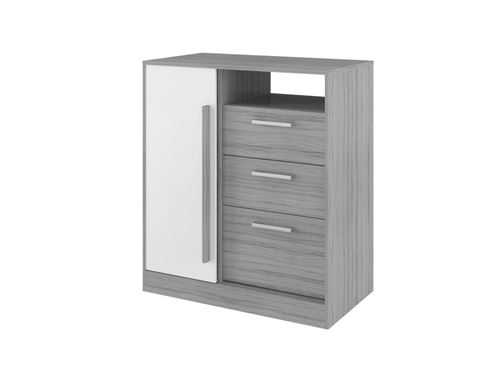 Commode DEVY - 1 niche, 1 porte et 3 tiroirs - Gris et Blanc