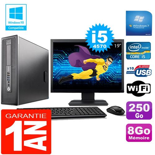 Pc hp elitedesk 800 g1 sff core i5-4570 8go disque 250 go wifi w7 ecran 19'