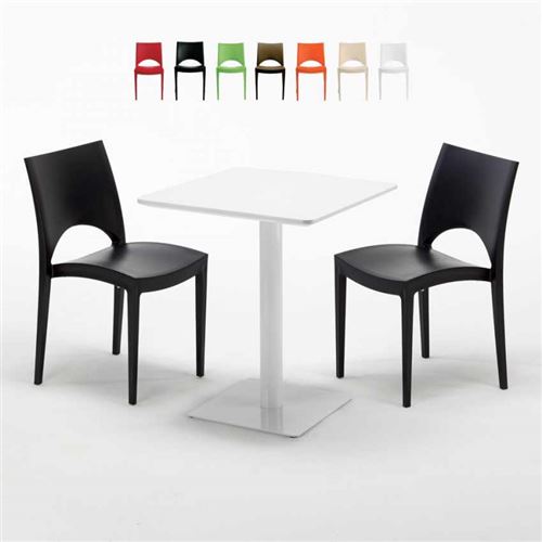 Table carrée 60x60 blanche avec 2 chaises colorées Paris Lemon, Couleur: Noir