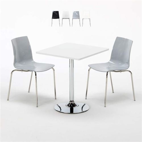 Table Carrée Blanche 70x70cm Avec 2 Chaises Colorées Et Transparentes Set Intérieur Bar Café Lollipop Titanium, Couleur: Gris