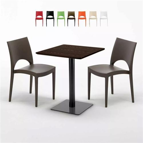 Table carrée 60x60 pied noir et plateau bois avec 2 chaises colorées Paris Kiss, Couleur: Marron