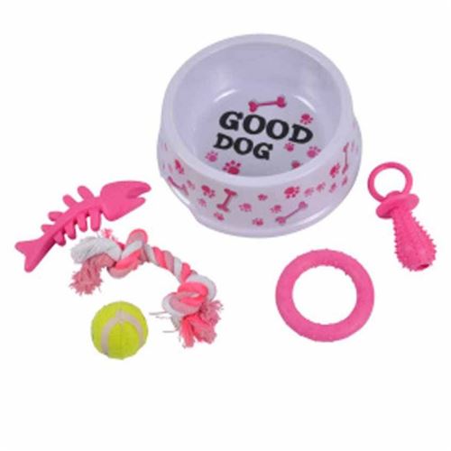 Paris Prix - Kit Pour Chiot 1 Gamelle & 5 Jouets Rose
