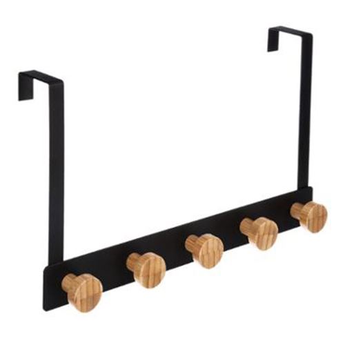 Portemanteau de porte en m&eacute;tal noir et bambou - 33.3x8.2x20cm