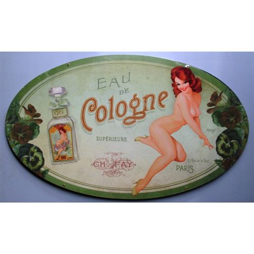 plaque tole épaisse pin up eau de cologne 61cm ovale SDB