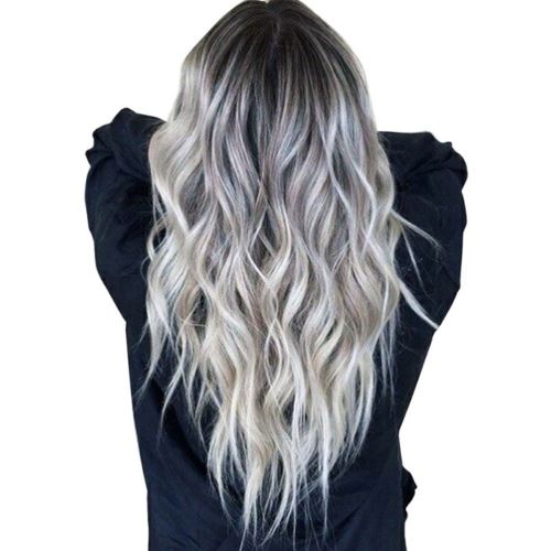 Femmes Longue Perruque De Cheveux Ondulés Argent Gris Foncé Synthétique Avant De Lacet Perruques Parti accueil