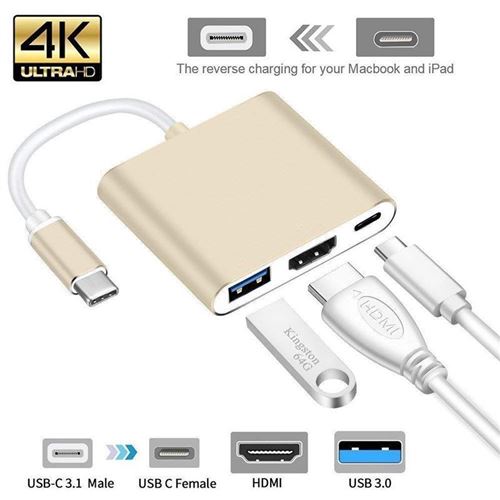 Adaptateur 3 en 1 USB C vers HDMI 4K, Type C Hub vers HDMI Convertir avec  Port USB 3.0 et Port de Charge C USB Compatible avec  MacBook/iMac/ChromeBook C - Hub USB 
