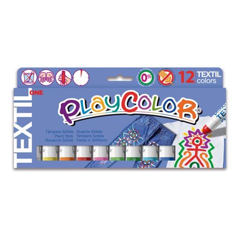 Stick de peinture gouache solide textile 10 g - 12 couleurs assorties - PLAYCOLOR