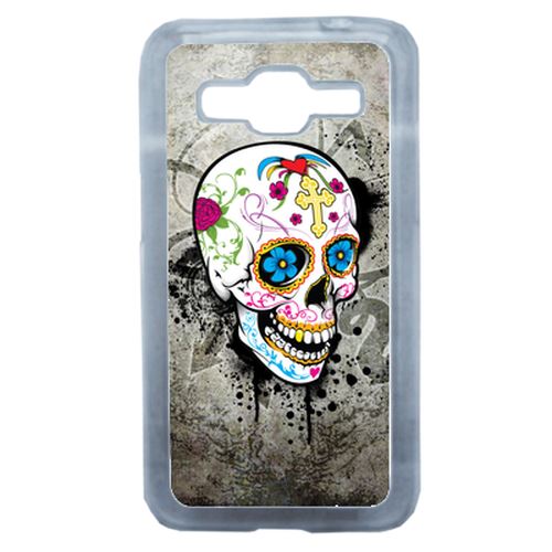 Coque Skull Fleur Bleu Fond Gris Compatible Samsung Core Prime Transparent