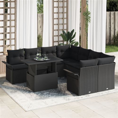 Non Communiqué Noir Ensemble De Canapé De Jardin 9 Pièces Avec Coussins Poly Rotin, Canapé De Jardin 2 Places Avec Rangement Et Coussins