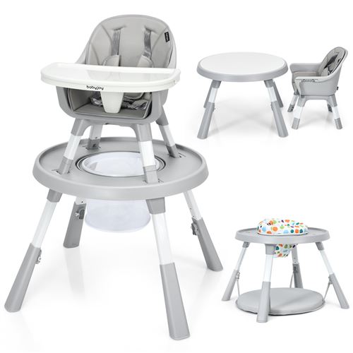 chaise haute giantex pour bébé 6-en-1, avec ceinture de sécurité, hauteur réglable, plateau et panier de rangement, gris