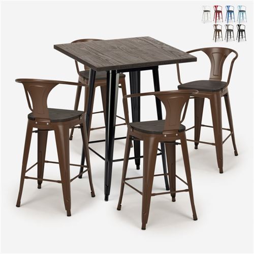 Ensemble 4 Tabourets Tolix Table Haute 60x60cm Métal Industriel Bruck Wood Black, Couleur: Marron