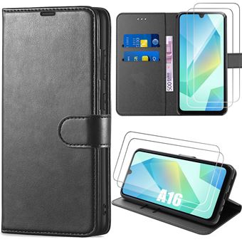 Coque + 2 Verres Trempés pour Samsung Galaxy A16 4G/5G - Protection à Rabat Cuir PU Antichoc Noir - BOOLING - 1