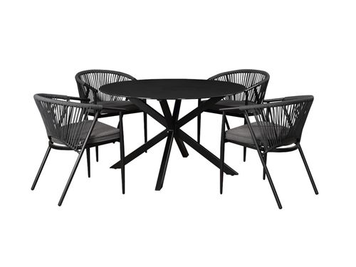 Salle à manger de jardin PORTOFINO en aluminium et cordes: une table ronde D.120cm et 4 fauteuils empilables de MYLIA