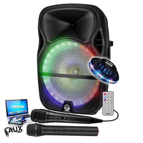 Non Communiqué Enceinte Sono Karaoké Mydj Mdj15 Ring À Leds Rvb 700W 15" Usb, Bluetooth, Pc, Tws, Micros Vhf Et Filaire, Lumière Ovni