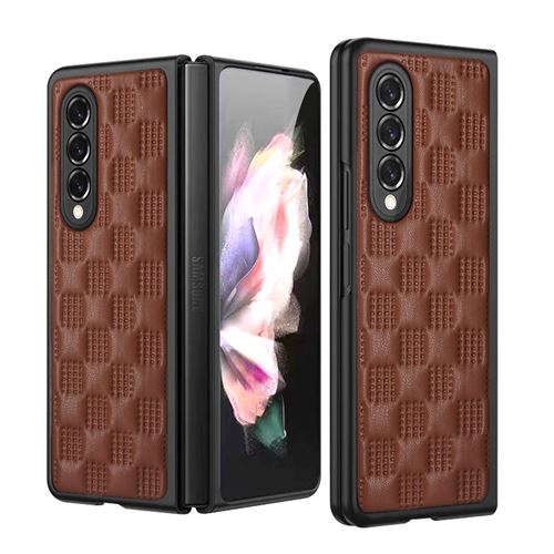 Coque Z Fold 3 Samsung en Cuir PU Etui Frusde Pliable et Treillis Carré Antichoc - Brun