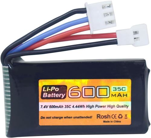Batterie LiPo 7,4V 600mAh 35C 2S, Compatible FMS FCX24 RC Haute Capacité, Taux de Décharge Élevé Modélisme RC Adulte, Noir