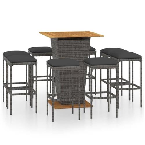 Vidaxl ensemble de bar de jardin 9 pcs et coussins r&eacute;sine tress&eacute;e gris 
