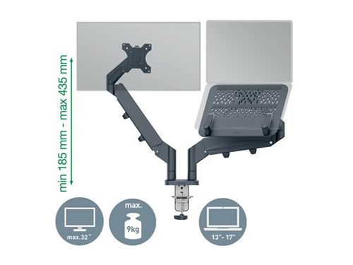Leitz Ergo - Kit de montage (spring-assisted dual arm) - pour 2 écrans LCD ou écran LCD et ordinateur portable - space saving - gris foncé - Taille d'écran : 17-32