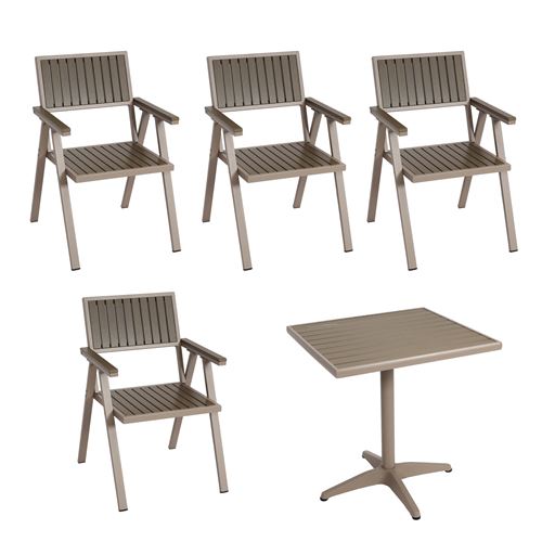 Set de 4 chaises de jardin+table de jardin MENDLER HWC-J95 alu aspect bois champagne, gris