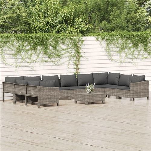 vidaXL 11-tlg. Garten-Lounge-Set mit Kissen Grau Poly Rattan