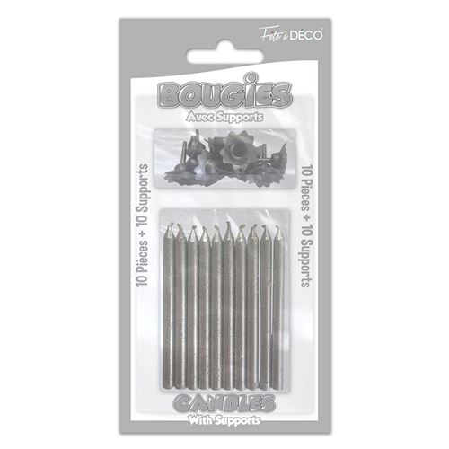 10 bougies pailletées argent+10 supports