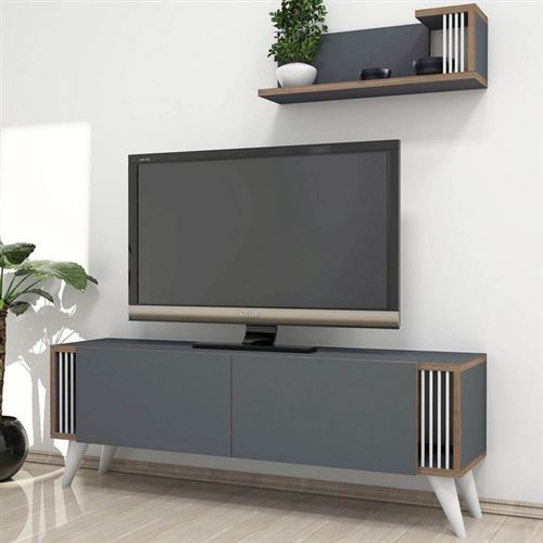 HOMEMANIA Meuble TV Nicol - avec Portes, Étagères - pour Salon - Noyer, Anthracite en Bois, 120 x 31 x 42 cm