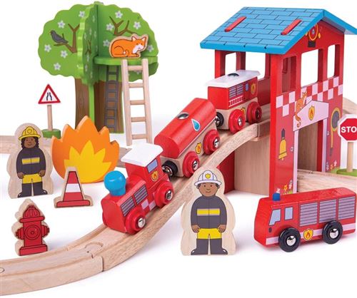 Coffret train et caserne de pompiers en bois