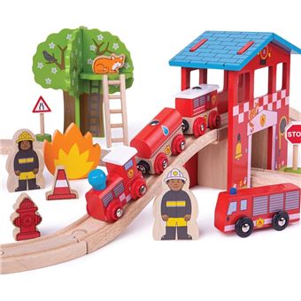 Jeu en bois - Ensemble de train de caserne de pompiers - Circuit trains -  Achat & prix