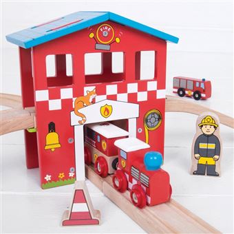 Jeu en bois - Ensemble de train de caserne de pompiers - Circuit trains - à  la Fnac