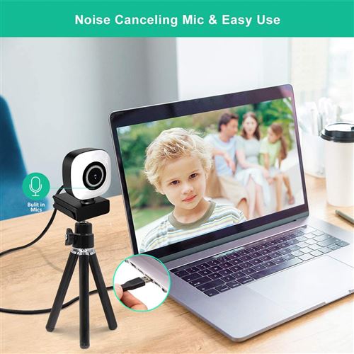 Webcam avec microphone et trépied, caméra 1080P avec couvercle et