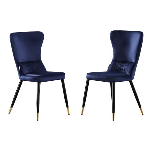 CHARLY Lot de 2 Chaises Rétro en Velours Bleu avec Pieds Noir & Coloris Doré - Style Design & Vintage - Salle à Manger, Cuisine, Salon
