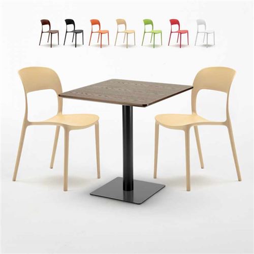 Table carrée 60x60 pied noir et plateau bois avec 2 chaises colorées Restaurant Kiss, Couleur: Beige