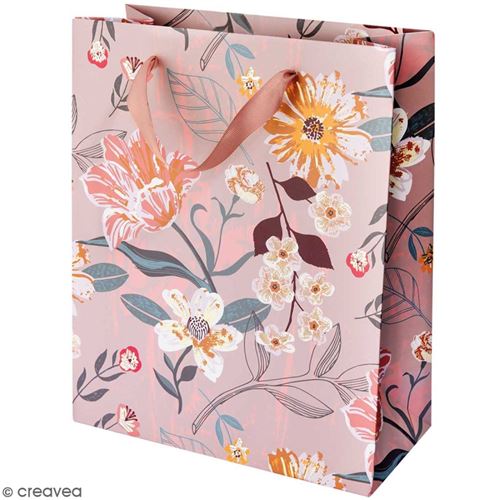 Sac cadeau Mauve à motifs fleuris - 26 x 18 cm
