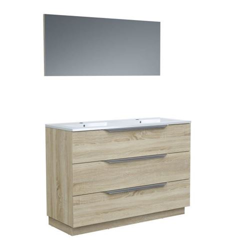 Ensemble Meuble salle de bain L 120 - Vasque + 3 tiroirs + miroir - Decor bois - ZOOM