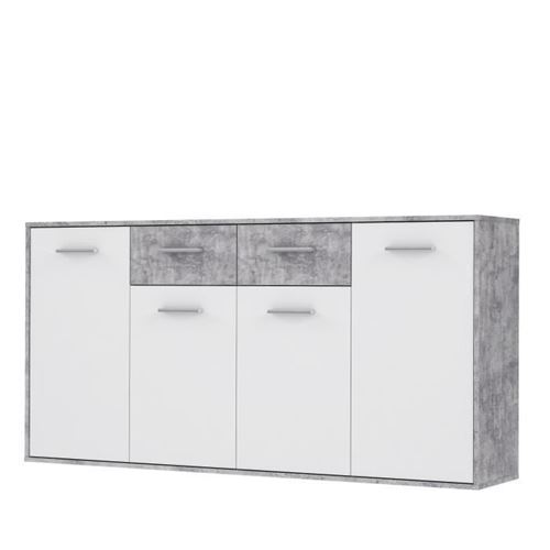 PILVI Buffet bas 4 portes 4 tiroirs - Blanc et beton gris clair - L 162,3 x P 34,2 x H 88,1 cm
