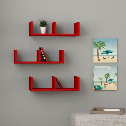 HOMEMANIA Set de 3 Étagères U-Model - Murale Flottantes, pour Livres - pour Séjour, Bureau, Chambre - Rouge en Bois, 40 x 20 x 14 cm