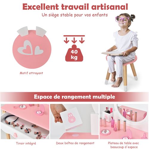 coiffeuse giantex 2 en 1 bureau avec chaise pour enfants miroir pivotants à  90 o amovible 3 tiroirs, 2 boîtes, rose - Achat & prix