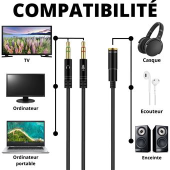 Cable adaptateur casque ecouteurs et micro, jack en y stereo, 2 jack 3,5mm  femelles vers jack 3,5mm male - Connectique Audio / Vidéo - Achat & prix