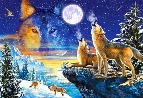 Puzzle adulte hurlement des loups lors d'une nuit de pleine lune - 1000 pieces - collection paysage animaux sauvages - foret