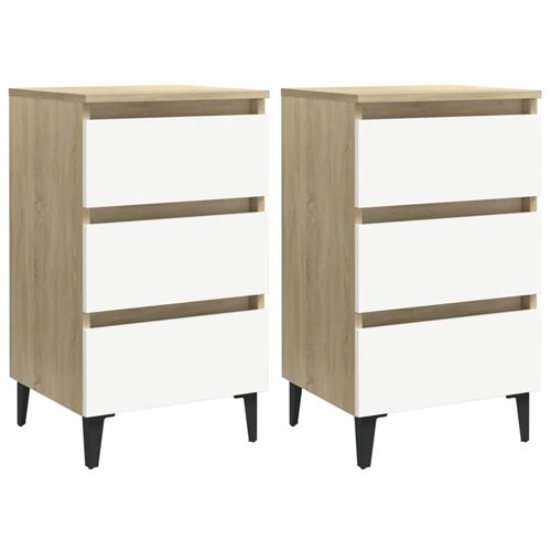 vidaXL Tables de chevet pieds métal 2pcs Blanc/Chêne sonoma 40x35x69cm